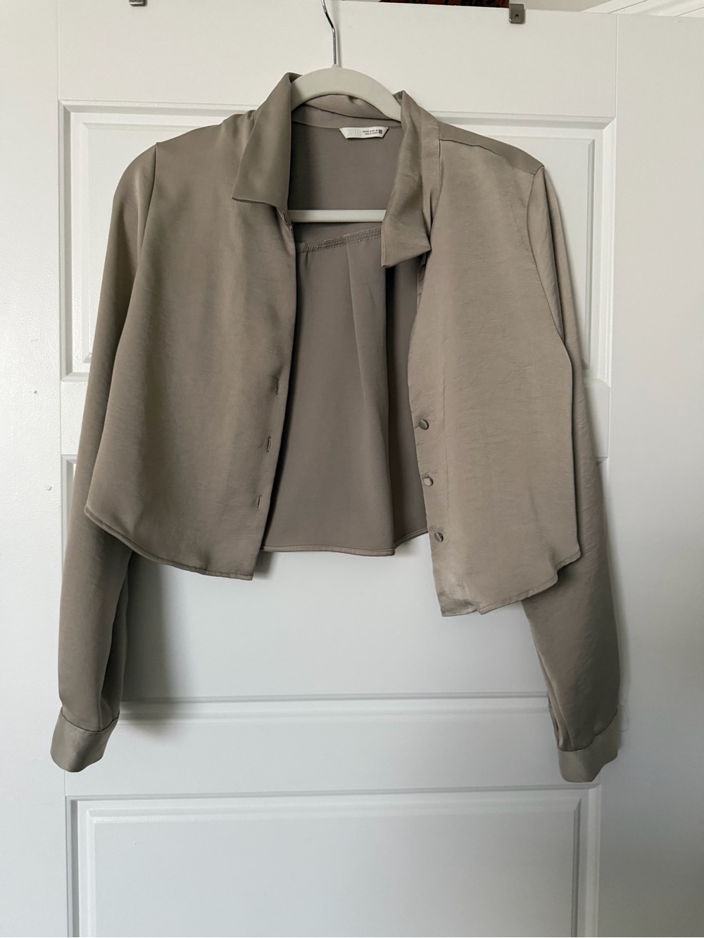 Zara Cropped Taupe Satin-Feel Button Front Top
